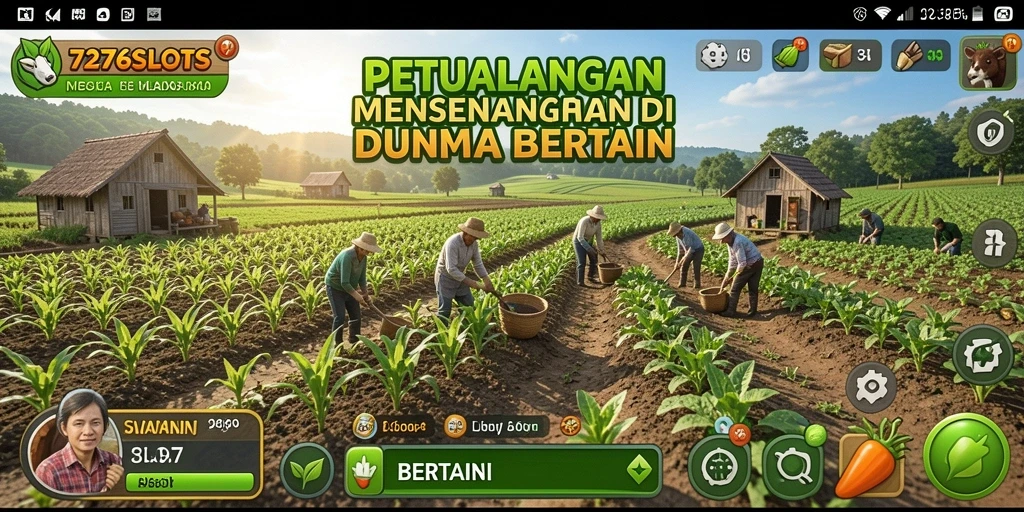 Antarmuka permainan 7276SLOTS yang menampilkan ladang bertani yang menarik.