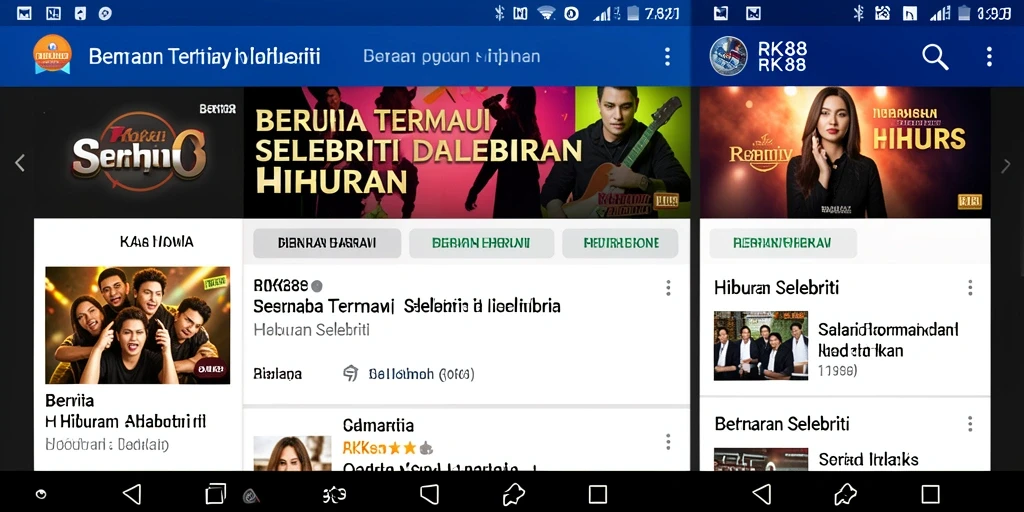 Tampilan antarmuka RK88 dengan berita dan video hiburan terbaru.