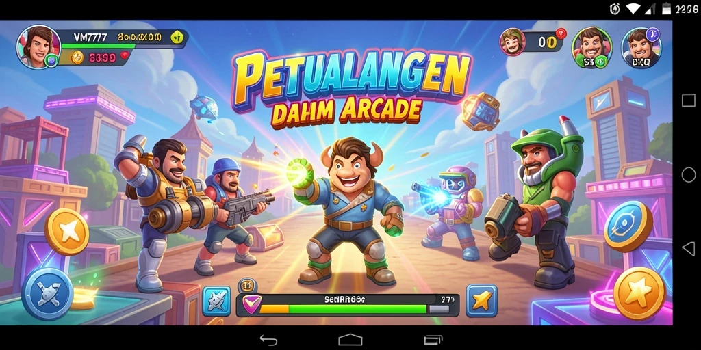 Antarmuka menarik dari game Arcade VM777 dengan karakter dan level menantang.